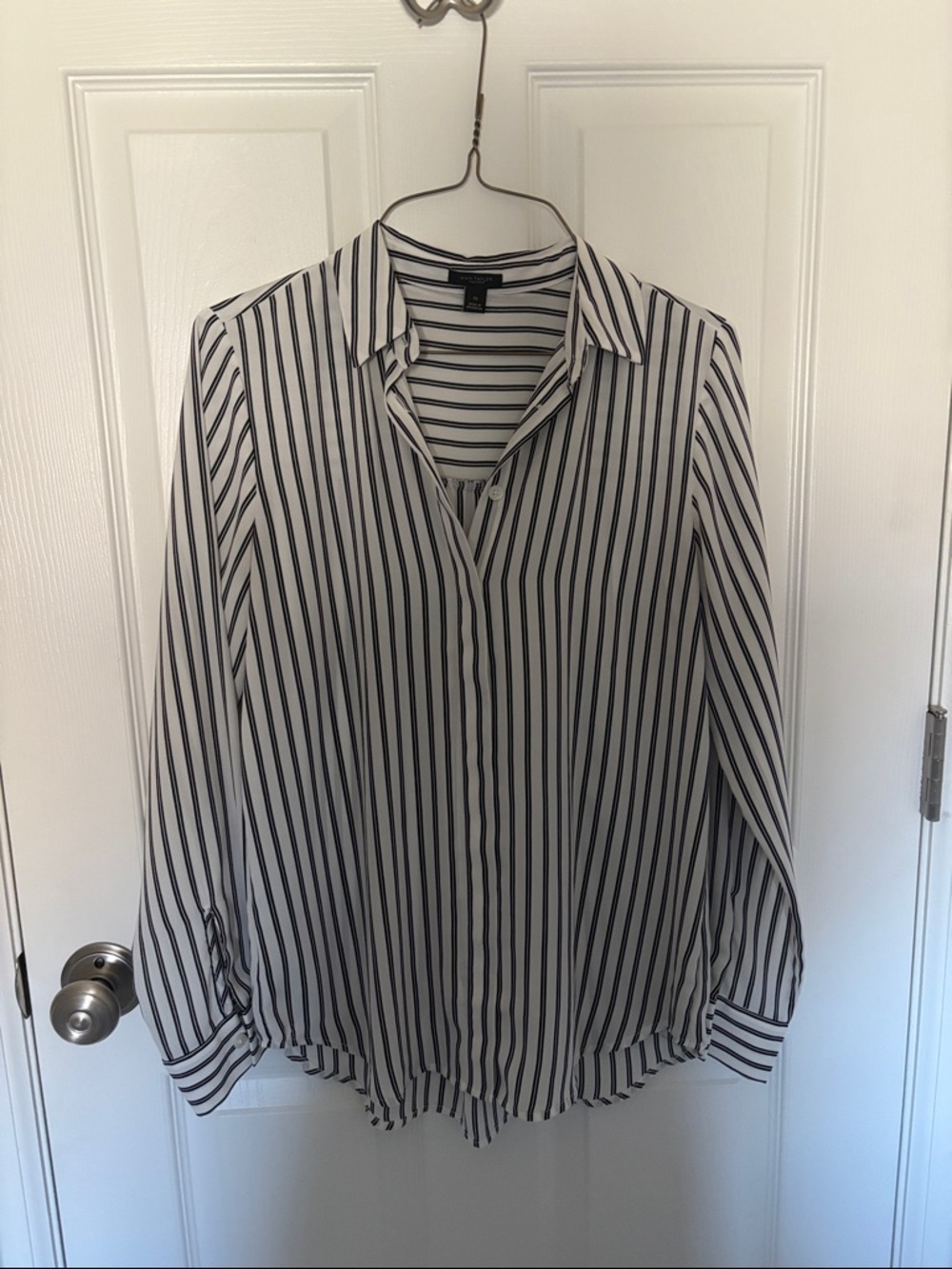 Ann Taylor White and Black Vertical Stripe Button-Down Shirt